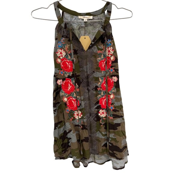 Andrée By Unit Camouflage Floral Embroidered Tank Small Green Boho Hippie NEW - Picture 1 of 8